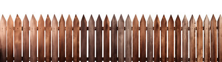 Wooden brown rustic board wood fence gate on white background cutout file. Mockup template for artwork design.の写真素材