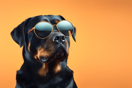 Creative animal concept. Rottweiler dog puppy in sunglass shade glasses isolated on solid pastel background, commercial, editorial advertisement, surreal surrealismの素材