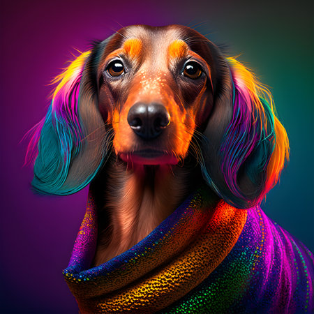 Realistic lifelike dachshund dog puppy in fluorescent electric highlighters ultra-bright neon outfits, commercial, editorial advertisement, surreal surrealism. 80s Era comebackの素材