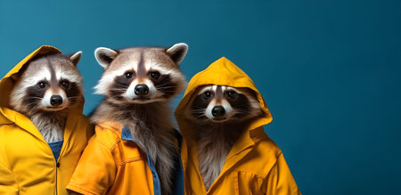 Creative animal concept. Raccoon in a group, vibrant bright fashionable outfits isolated on solid background advertisement, copy text space. birthday party invite invitation bannerの素材
