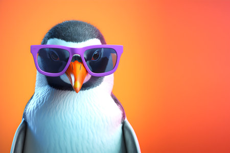 Creative animal concept. Penguin in sunglass shade glasses isolated on solid pastel background, commercial, editorial advertisement, surreal surrealismの素材
