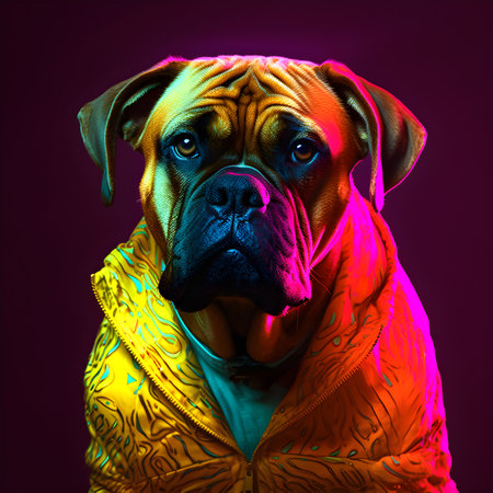 Realistic lifelike bullmastiff dog puppy in fluorescent electric highlighters ultra-bright neon outfits, commercial, editorial advertisement, surreal surrealism. 80s Era comebackの素材