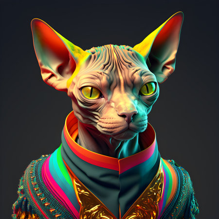 Realistic lifelike Sphynx Cat kitty kitten in fluorescent electric highlighters ultra-bright neon outfits, commercial, editorial advertisement, surreal surrealism. 80s Era comebackの素材