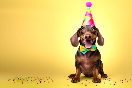Creative animal concept. Dachshund dog puppy in party cone hat necklace bowtie outfit isolated on solid pastel background advertisement, copy text space. birthday party inviteの素材