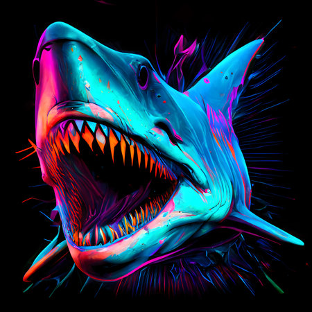 shark in abstract, graphic highlighters lines rainbow ultra-bright neon artistic portrait, commercial, editorial advertisement, surrealism. Isolated on dark backgroundの素材