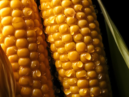 Creative greens vegetable concept. Fresh corn glistering with water dropletの写真素材