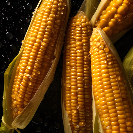Creative greens vegetable concept. Fresh corn glistering with water droplet