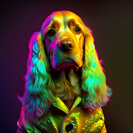 Realistic lifelike English cocker spaniel dog puppy in fluorescent electric highlighters ultra-bright neon outfits, editorial advertisement, surreal surrealism. 80s Era comebackの素材