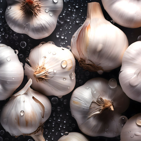 Creative greens vegetable concept. Fresh garlic glistering with water dropletの写真素材