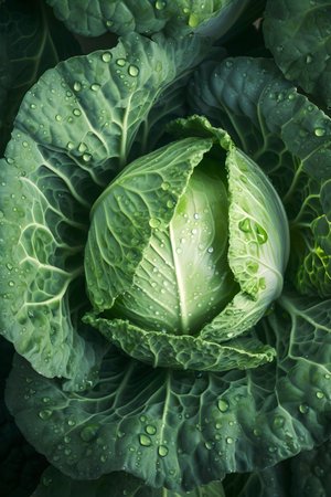 Creative greens vegetable concept. Fresh cabbage glistering with water dropletの写真素材