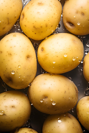Creative greens vegetable concept. Fresh potato glistering with water dropletの写真素材