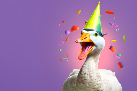 Creative animal concept. Goose bird in party cone hat necklace bowtie outfit isolated on solid pastel background advertisement, copy text space. birthday party invite invitationの素材