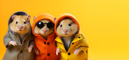 Creative animal concept. Hamster in a group, vibrant bright fashionable outfits isolated on solid background advertisement, copy text space. birthday party invite invitation bannerの素材