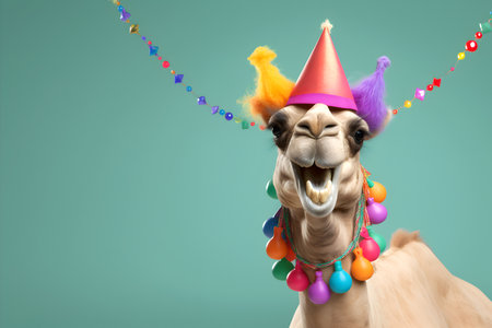 Creative animal concept. Camel in party cone hat necklace bowtie outfit isolated on solid pastel background advertisement, copy text space. birthday party invite invitationの素材