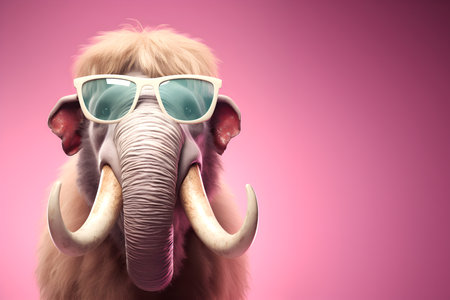 Creative animal concept. Mammoth in sunglass shade glasses isolated on solid pastel background, commercial, editorial advertisement, surreal surrealismの素材