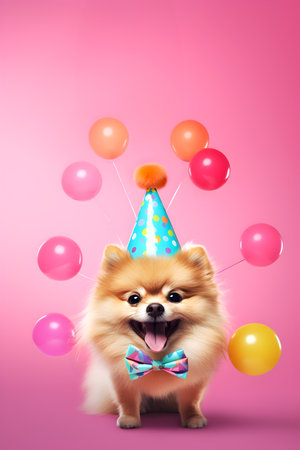 Creative animal concept. Pomeranian dog puppy in party cone hat necklace bowtie outfit isolated on solid pastel background advertisement, copy text space. birthday party inviteの素材