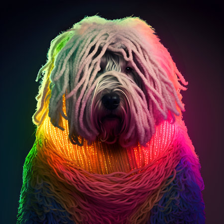 Realistic lifelike Komondor dog puppy in fluorescent electric highlighters ultra-bright neon outfits, commercial, editorial advertisement, surreal surrealism. 80s Era comebackの素材