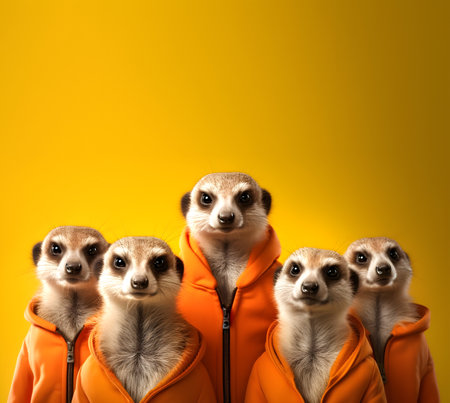 Creative animal concept. Meerkat in a group, vibrant bright fashionable outfits isolated on solid background advertisement, copy text space. birthday party invite invitation bannerの素材