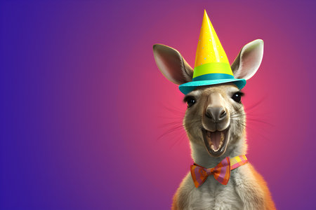 Creative animal concept. Kangaroo in party cone hat necklace bowtie outfit isolated on solid pastel background advertisement, copy text space. birthday party invite invitationの素材