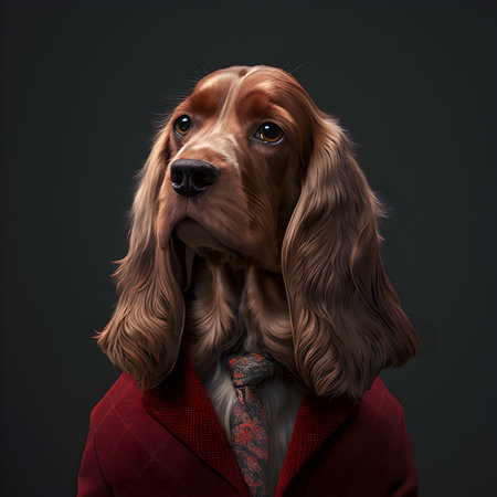 Realistic lifelike English Cocker Spaniel dog puppy in dapper high end luxury formal suit and shirt, commercial, editorial advertisement, surreal surrealismの素材