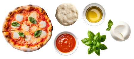 Margarita Pizza with ingredients, Tomato paste sauce, Mozzarella cheese, Fresh basil leaves, dough, Olive oil on white background cutout file. Mockup template for artworの写真素材