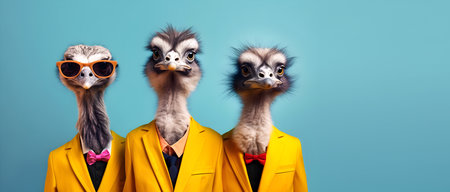 Creative animal concept. Ostrich bird in a group, vibrant bright fashionable outfits isolated on solid background advertisement, copy space. birthday party invite invitation bannerの素材