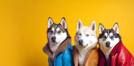 Creative animal concept. Husky dog puppy in a group, vibrant bright fashionable outfits isolated on solid background advertisement, copy text space. birthday party invite bannerの素材