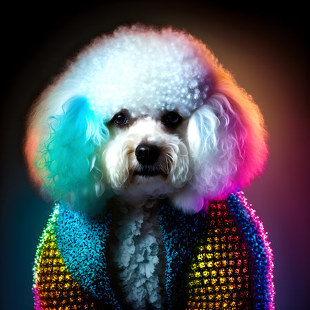 Realistic lifelike Bichon Frise dog puppy in fluorescent electric highlighters ultra-bright neon outfits, commercial, editorial advertisement, surreal. 80s Era comebackの素材