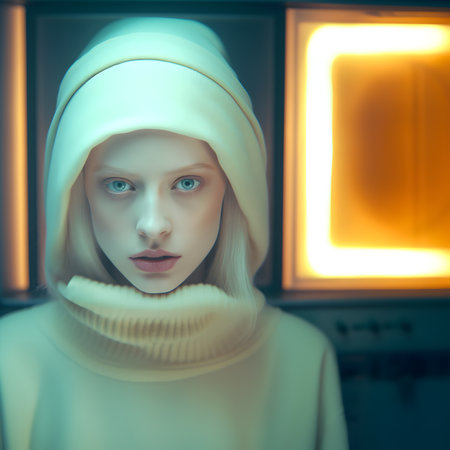 Fashion surreal Concept. Closeup portrait of stunning woman from sci-fi science fiction of a parallel world,. illuminated with dynamic composition and dramatic lightingの素材