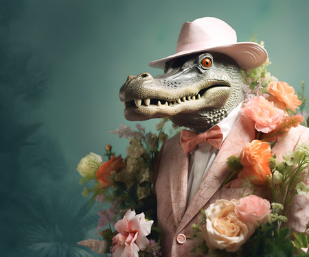 Creative animal concept. Alligator crocodile in smart suit, surrounded in a surreal garden full of blossom flowers floral landscape. advertisement commercial editorial banner cardの素材