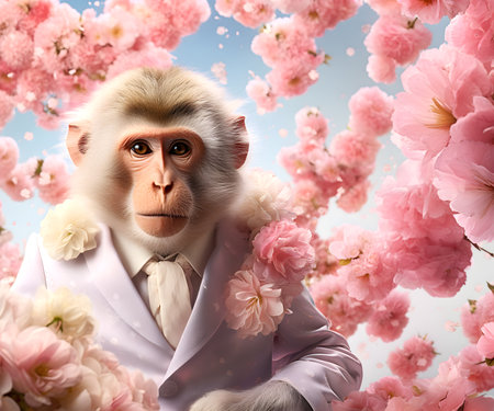 Creative animal concept. Monkey in smart suit, surrounded in a surreal garden full of blossom flowers floral landscape. advertisement commercial editorial banner cardの素材