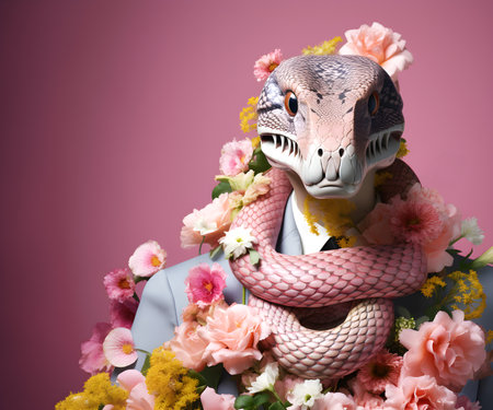 Creative animal concept. Snake reptile in smart suit, surrounded in a surreal garden full of blossom flowers floral landscape. advertisement commercial editorial banner cardの素材