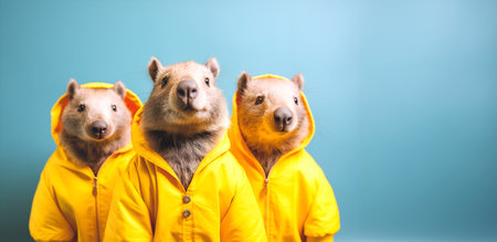 Creative animal concept. Wombat in a group, vibrant bright fashionable outfits isolated on solid background advertisement, copy space. birthday party invite invitation bannerの素材