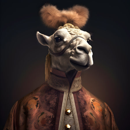 Realistic lifelike camel in renaissance regal medieval noble royal outfits, commercial, editorial advertisement, surreal surrealism. 18th-century historicalの素材