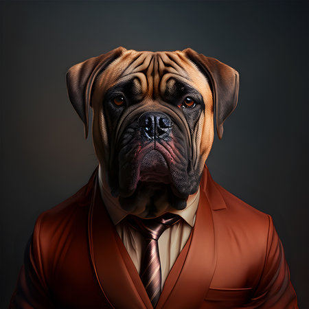Realistic lifelike bullmastiff dog puppy in dapper high end luxury formal suit and shirt, commercial, editorial advertisement, surreal surrealismの素材