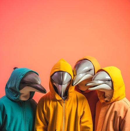 Creative animal concept. Dolphin in a group, vibrant bright fashionable outfits isolated on solid background advertisement, copy text space. birthday party invite invitation bannerの素材