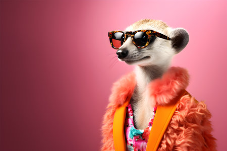 Creative animal concept. Meerkat in glam fashionable couture high end outfits isolated on bright background advertisement, copy space. birthday party invite invitation banner.の素材
