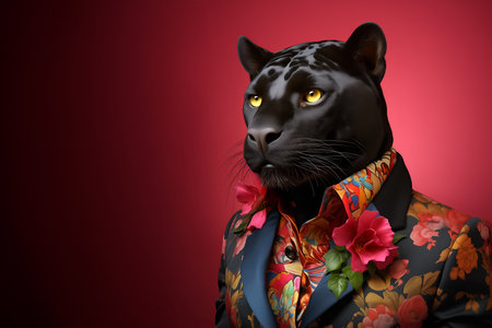 Creative animal concept. Black Panther in glam fashionable couture high end outfits isolated on bright background advertisement, copy space. birthday party invite invitation bannerの素材