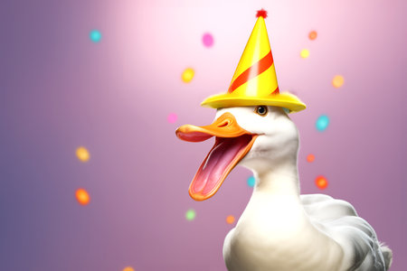 Creative animal concept. Duck bird in party cone hat necklace bowtie outfit isolated on solid pastel background advertisement, copy text space. birthday party invite invitationの素材