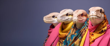 Creative animal concept. Python snake in a group, vibrant bright fashionable outfits isolated on solid background advertisement, copy space. birthday party invite invitation bannerの素材
