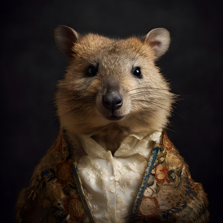 Realistic lifelike Quokka in renaissance regal medieval noble royal outfits, commercial, editorial advertisement, surreal surrealism. 18th-century historicalの素材