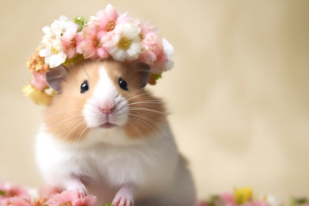 Animal Nature Concept. Hamster wearing a crown of floral fresh pastel spring wreath flowers. copy spaceの素材