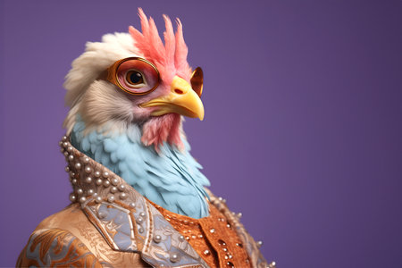 Creative animal concept. Chicken hen in glam fashionable couture high end outfits isolated on bright background advertisement, copy space. birthday party invite invitation bannerの素材