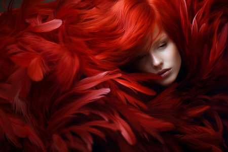 Fashion editorial Concept. Closeup portrait of pretty woman with chiseled features, surround in maroon red soft feathers boa. dynamic composition dramatic lighting. copy spaceの素材
