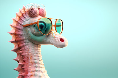 Creative animal concept. Seahorse in sunglass shade glasses isolated on solid pastel background, commercial, editorial advertisement, surreal surrealism.の素材