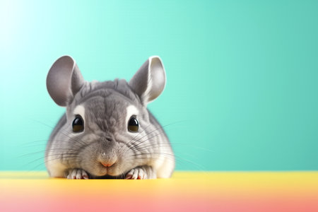 Creative animal concept. Chinchilla peeking over pastel bright background. advertisement, banner, card. copy text space. birthday party invite invitationの素材