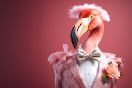 Creative animal concept. Flamingo bird in glam fashionable couture high end outfits isolated on bright background advertisement, copy space. birthday party invite invitation bannerの素材