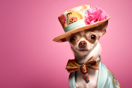 Creative animal concept. Chihuahua dog puppy in glam fashionable couture high end outfits isolated on bright background advertisement, copy space. birthday party invite invitationの素材