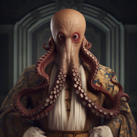 Realistic lifelike octopus in renaissance regal medieval noble royal outfits, commercial, editorial advertisement, surreal surrealism. 18th-century historicalの素材