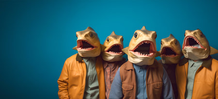 Creative animal concept. Piranha Fish in a group, vibrant bright fashionable outfits isolated on solid background advertisement, copy space. birthday party invitation bannerの素材